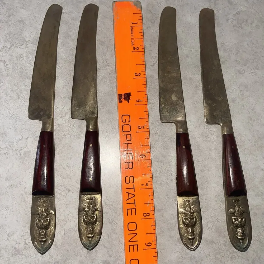 Vintage Buddha Bronze Knife 4 Piece Flatware Set Rare Asian Siam Thai MCM